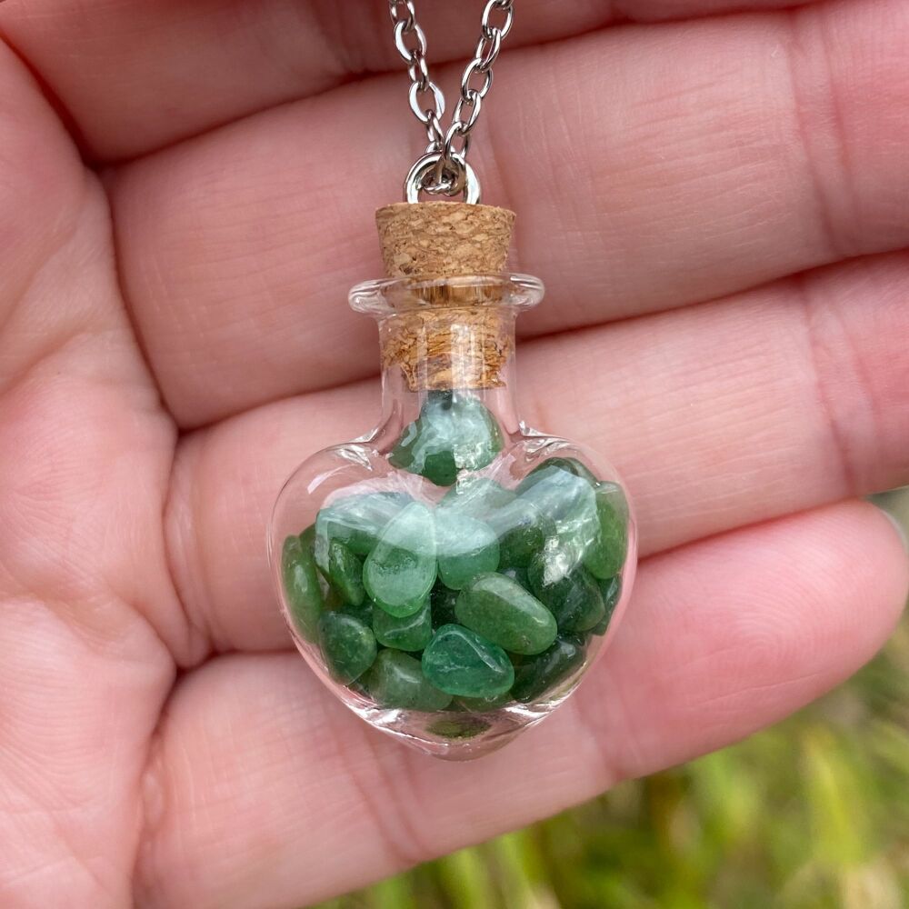 Cute Heart Bottle Pendant with Green Aventurine Chips