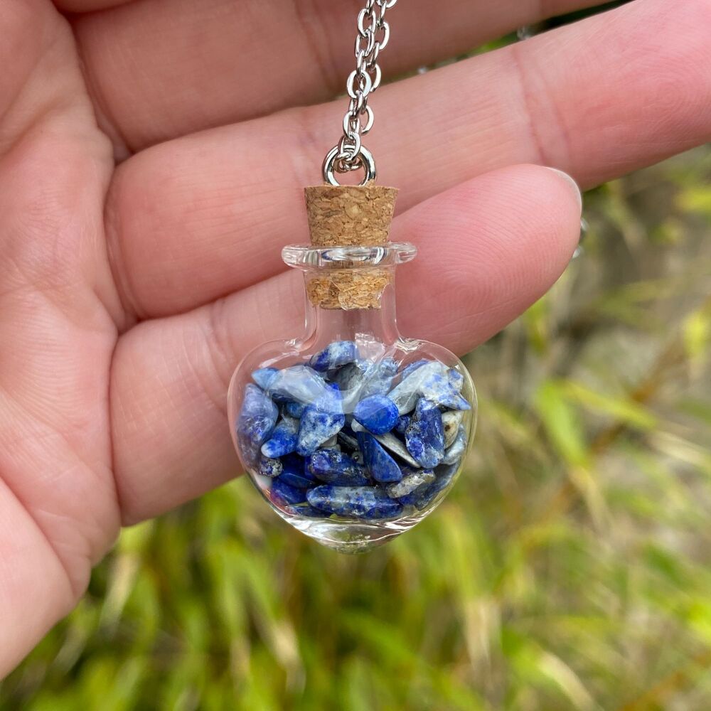 Cute Heart Bottle Pendant with Lapis Lazuli Chips