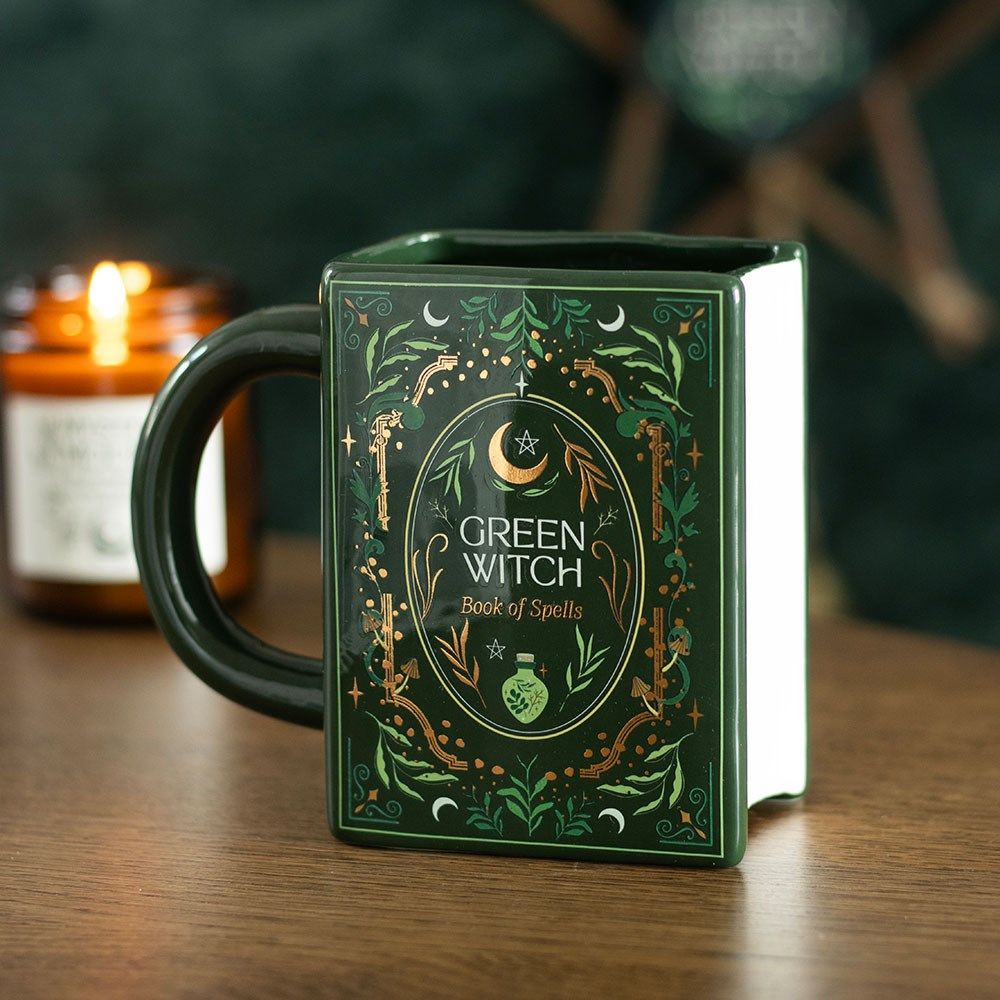 A Stunning Green Witch Book Shaped Mug