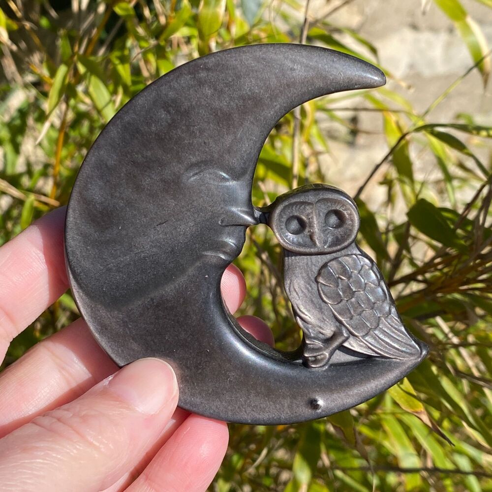 A Obsidian Silver Sheen Owl and Moon