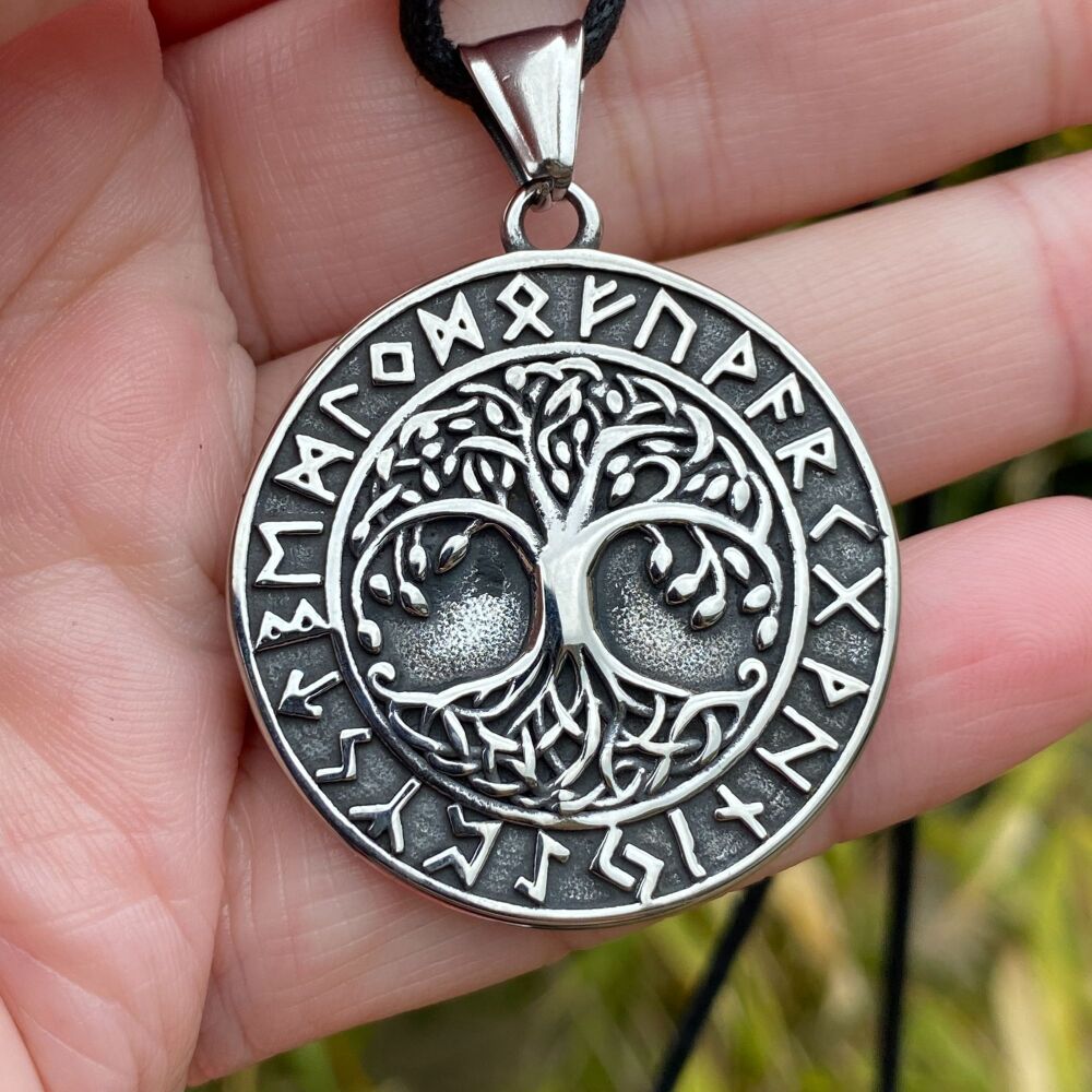 A Stunning Stainless Steel Pendant with the Tree of Life and Runes
