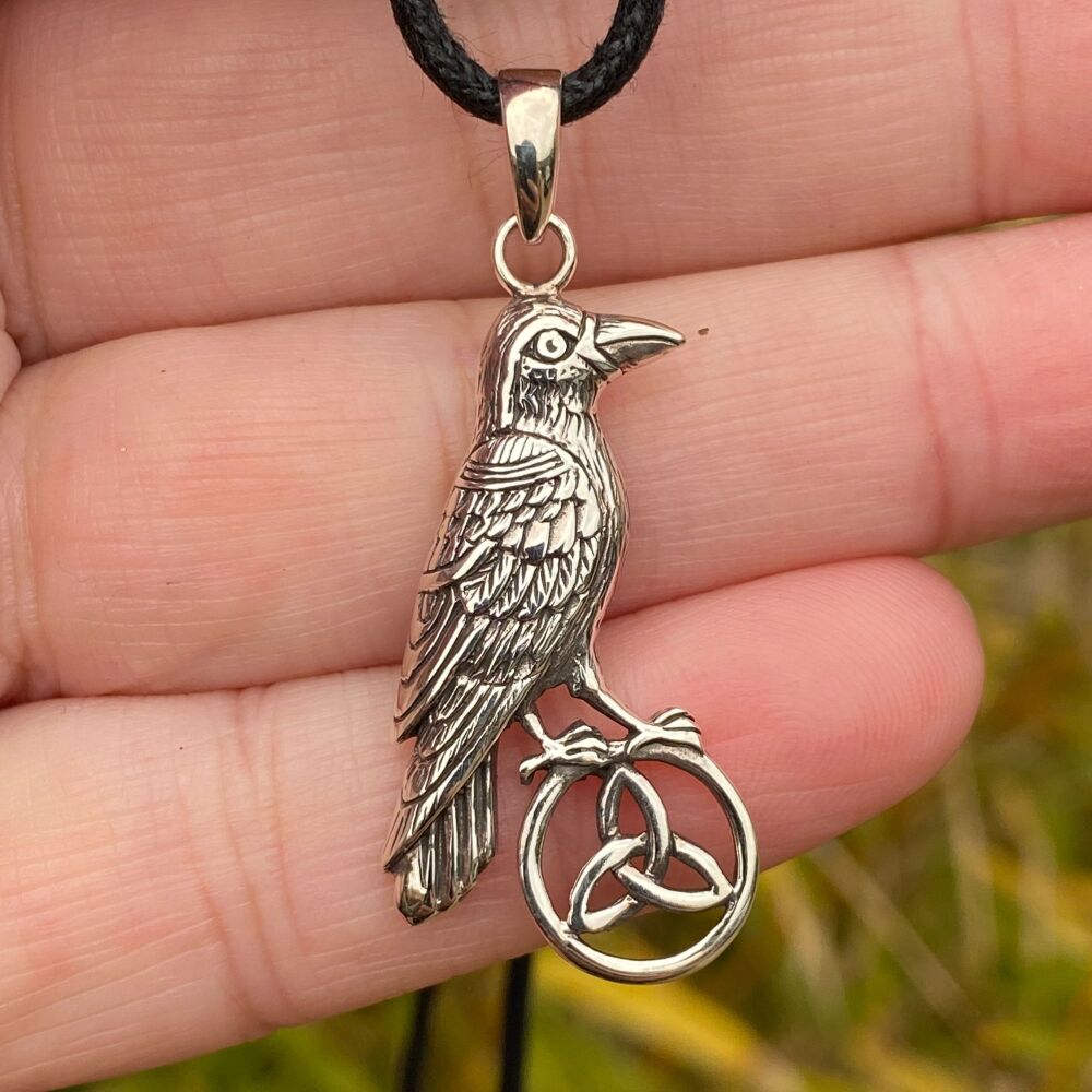 925 Silver Raven Pendant with Triquetra