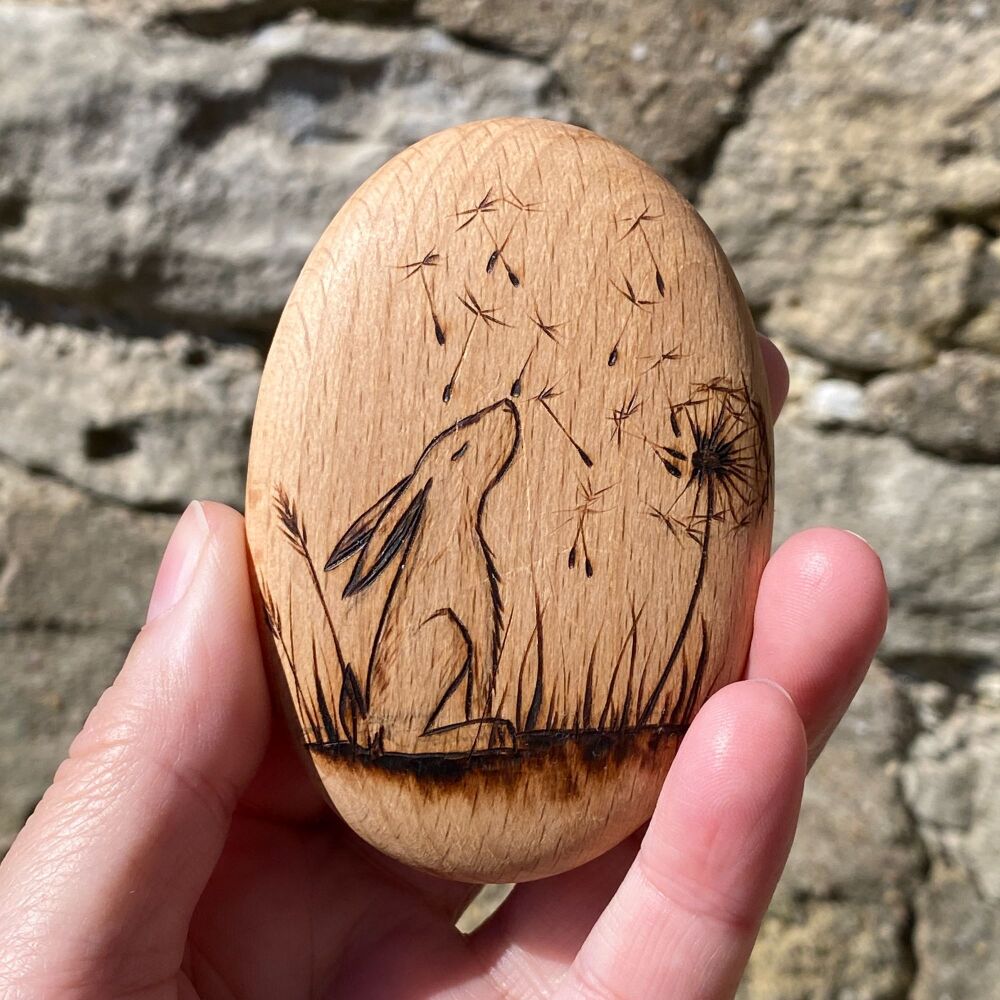 Make a Wish Hare ~ Pyrographed Pebble