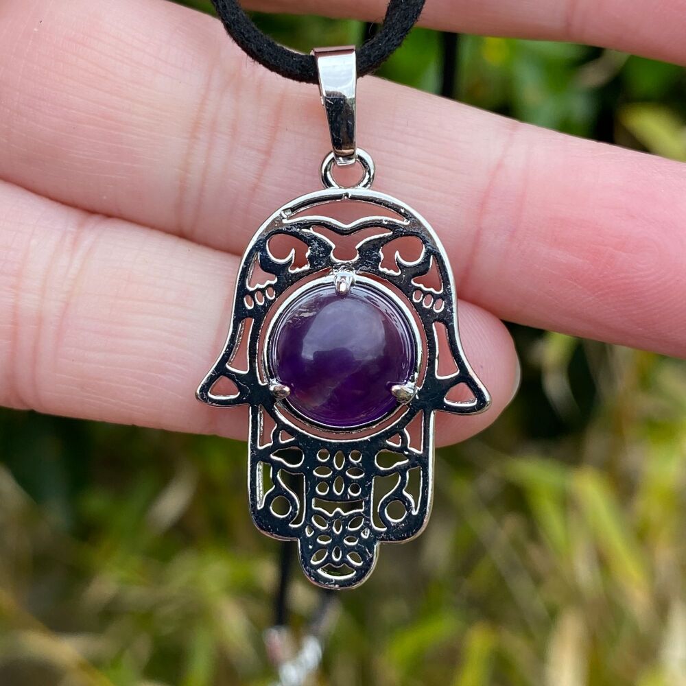Hand of Fatima Protection Pendant with Amethyst