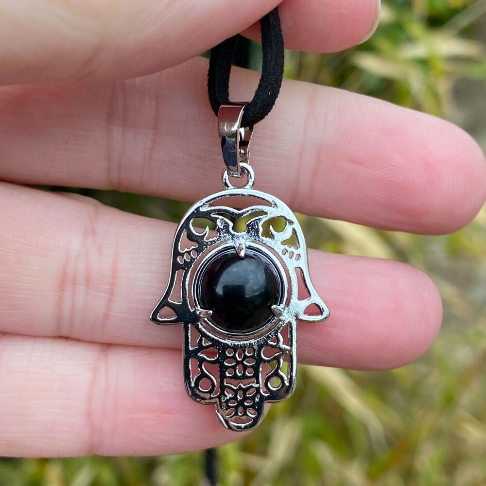 Hand of Fatima Protection Pendant with Black Obsidian
