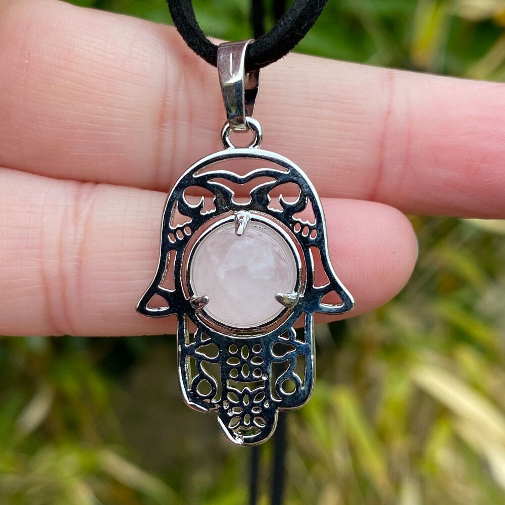 Hand of Fatima Protection Pendant with Rose Quartz
