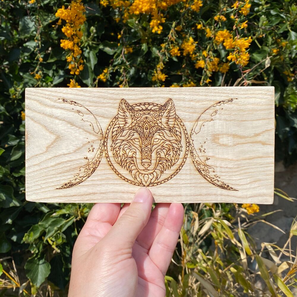 Large chunk of Ash Engraved with Celtic Wolf design