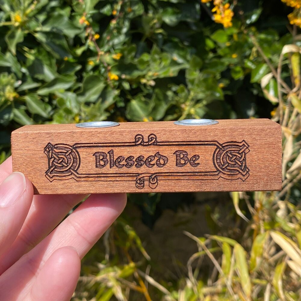 Reclaimed Mahogany Candle Holder with Blessed Be