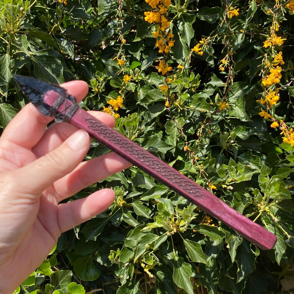 ** A Stunning Purple Heart Athame with Black Obsidian Arrow Head