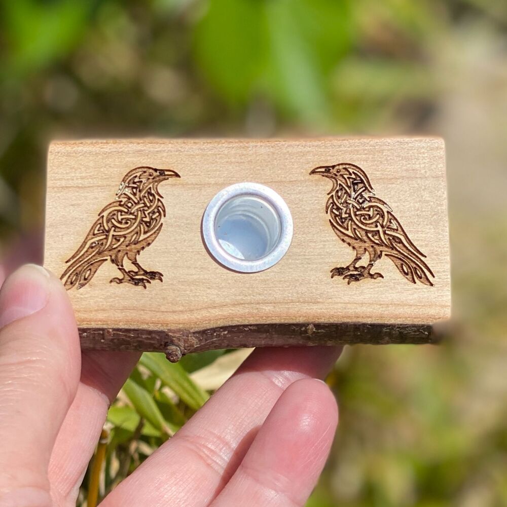 A lovely Cherry Wood Candle Holder with Celtic Ravens