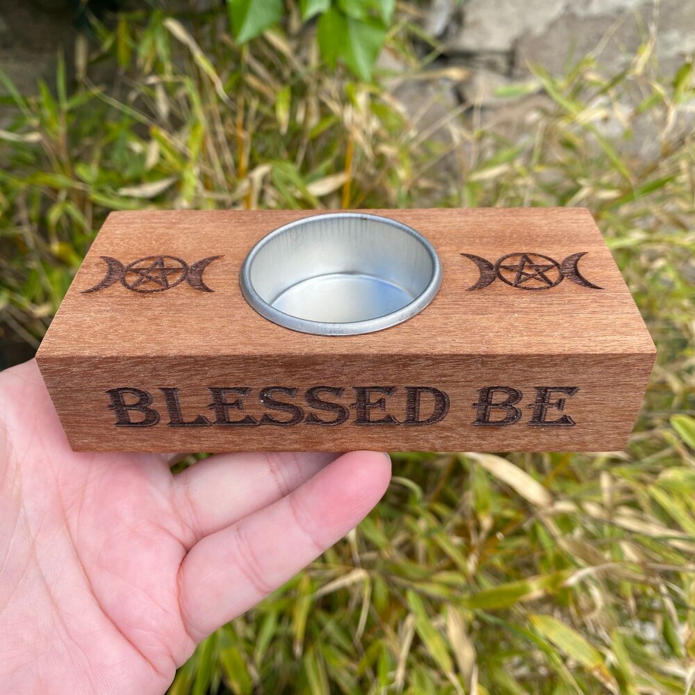 Wooden Tea light holder or offering bowl with triple moon and blessed be