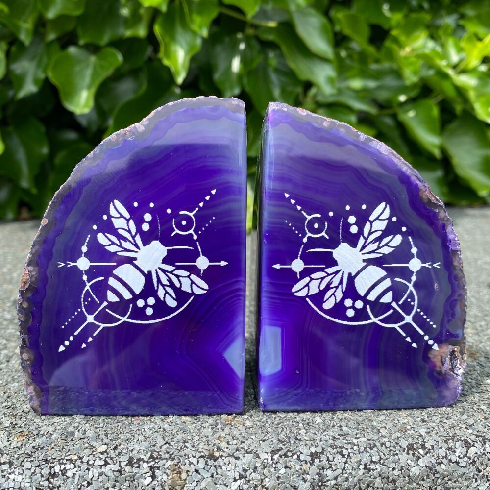 Agate Bookends with Bee Designs (Purple Agate)