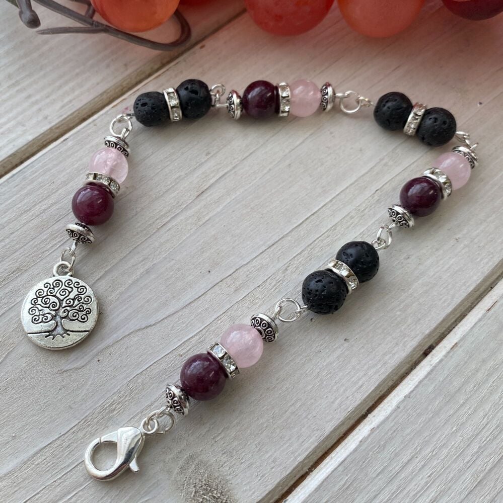 Pendulum Chain with Garnet, Rose Quartz and Lava Beads and Tree of Life Charm