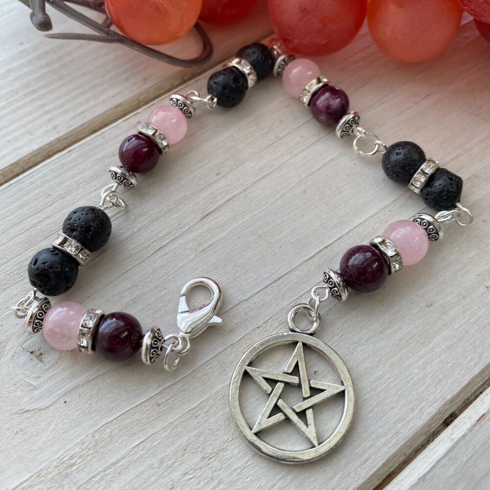 Pendulum Chain with Garnet, Rose Quartz and Lava Beads and Pentagram Charm