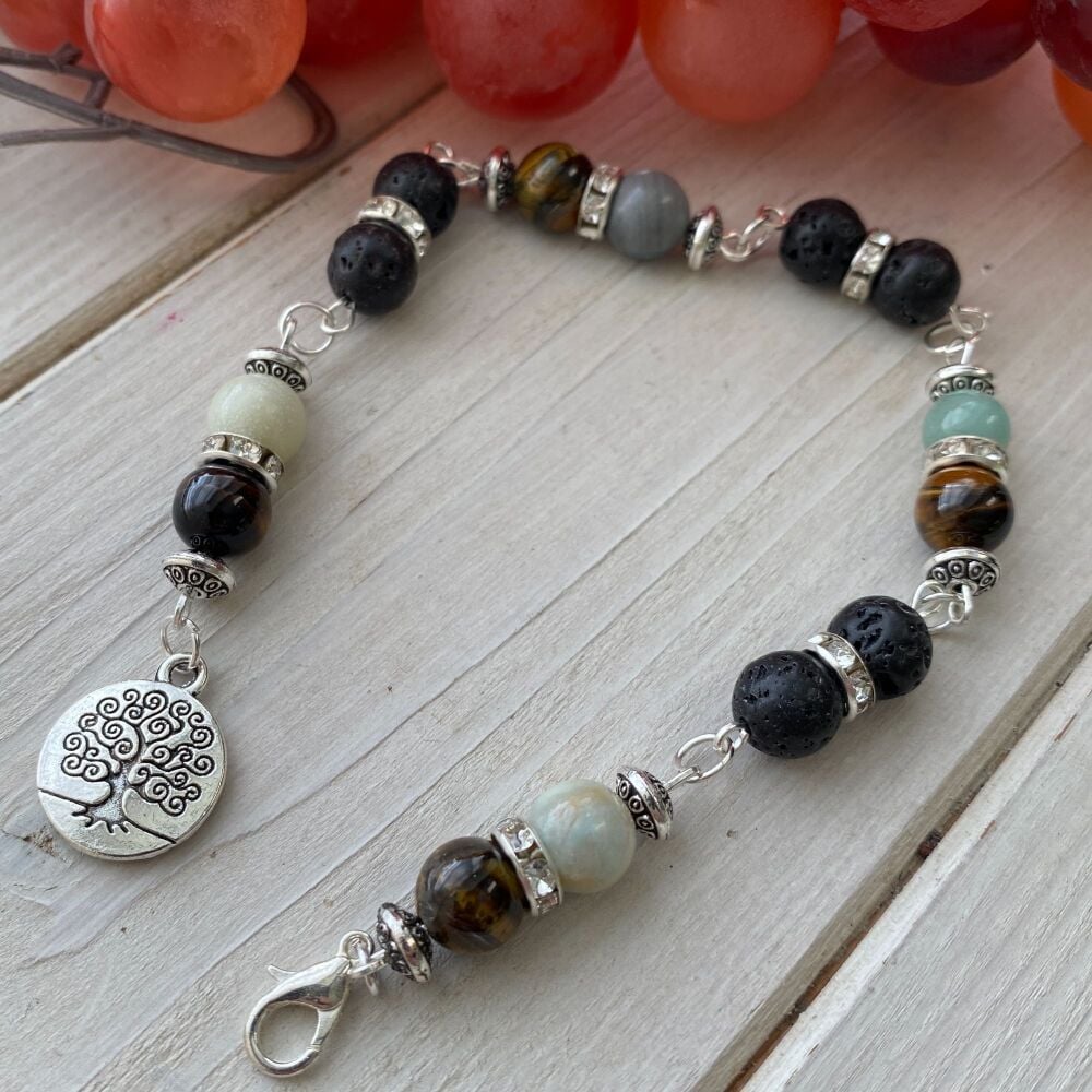 Pendulum Chain with Aquamarine, Tiger Eye and Lava Beads and Tree of Life Charm