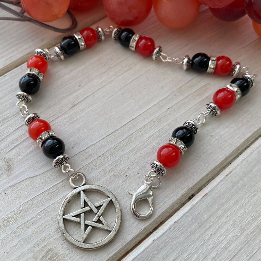 Pendulum Chain with Black Obsidian and Red Agate 8mm Beads and Pentagram Charm