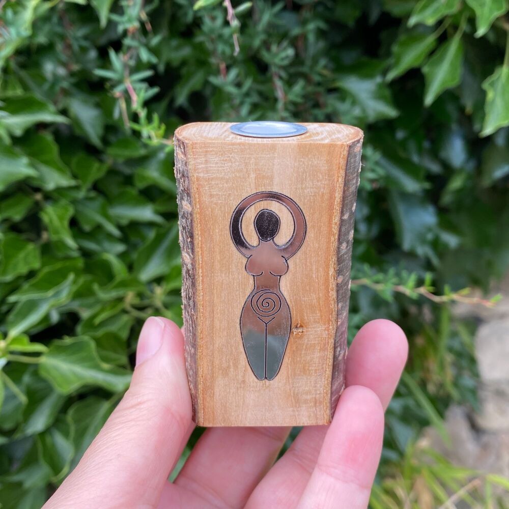 A Handcrafted Cherry Wood Candle Holder with Goddess each side