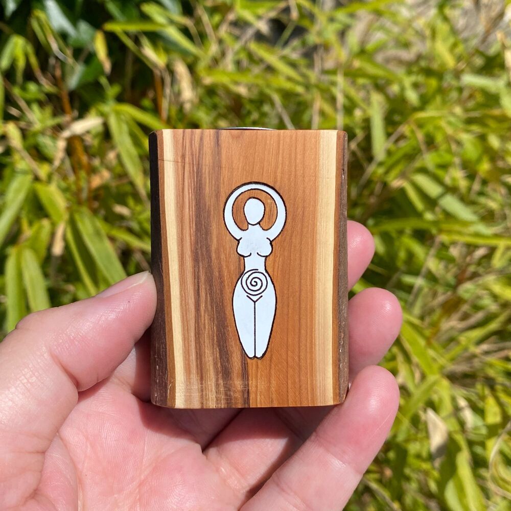 A Handcrafted Yew Wood Candle Holder with White Goddess each side
