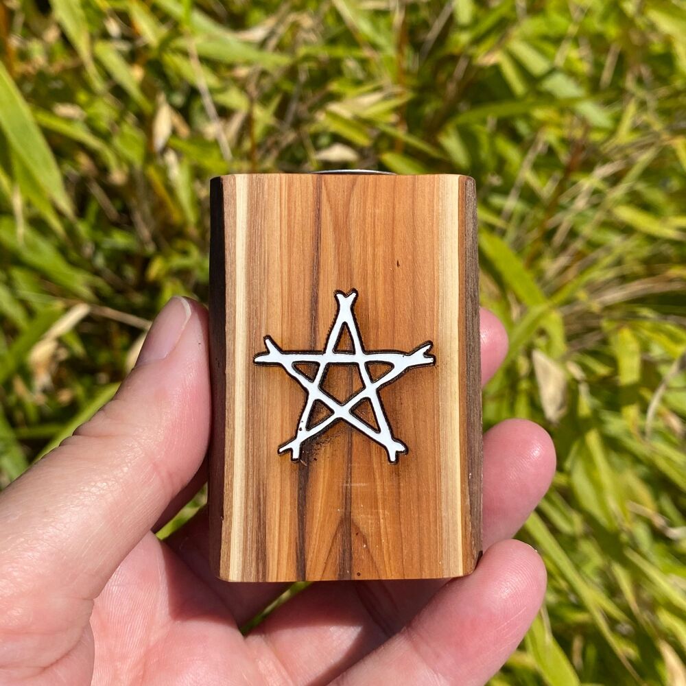 A Handcrafted Yew Wood Candle Holder with White Pentagram