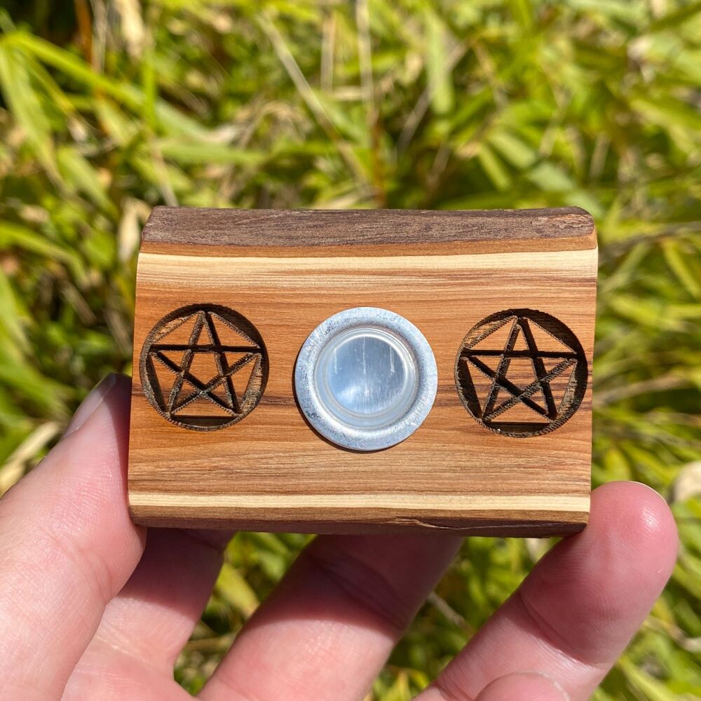 A Handcrafted Yew Wood Candle Holder with Double Pentagram