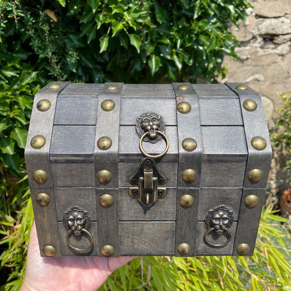 Wooden Witches Chest ~ Grey with ornate brass decorations