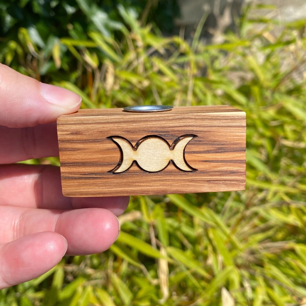 A Handcrafted Yew Wood Candle Holder with Triple Moon