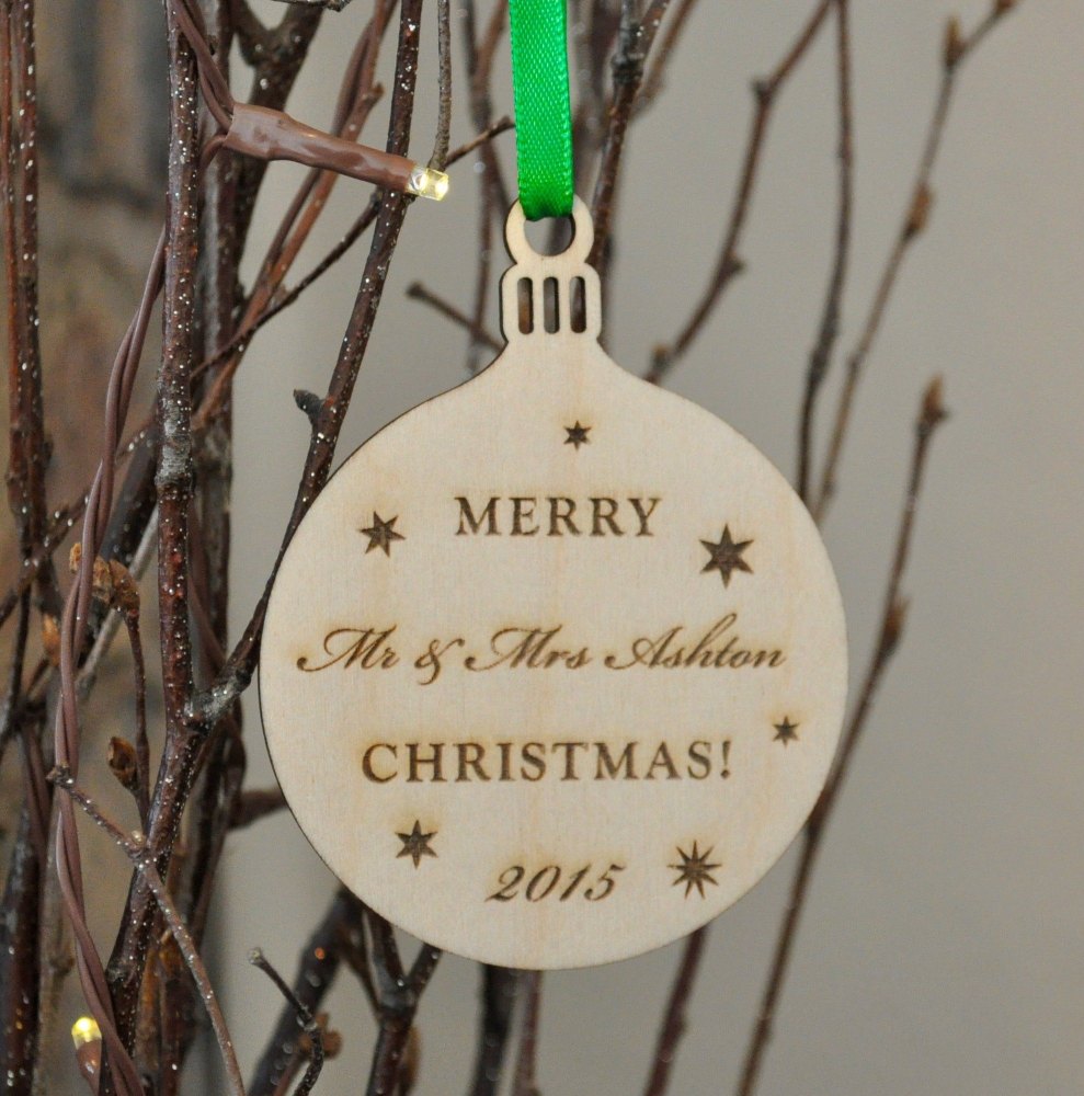 Personalised Wooden Mr And Mrs Bauble