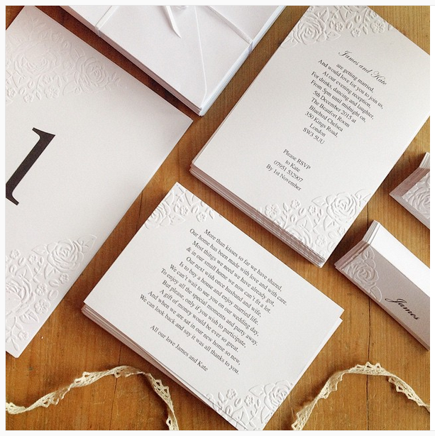 Embossed Wedding Invitation, Table Card, Place Cards