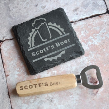Personalised Coaster And Bottle Opener Beer Gift Set