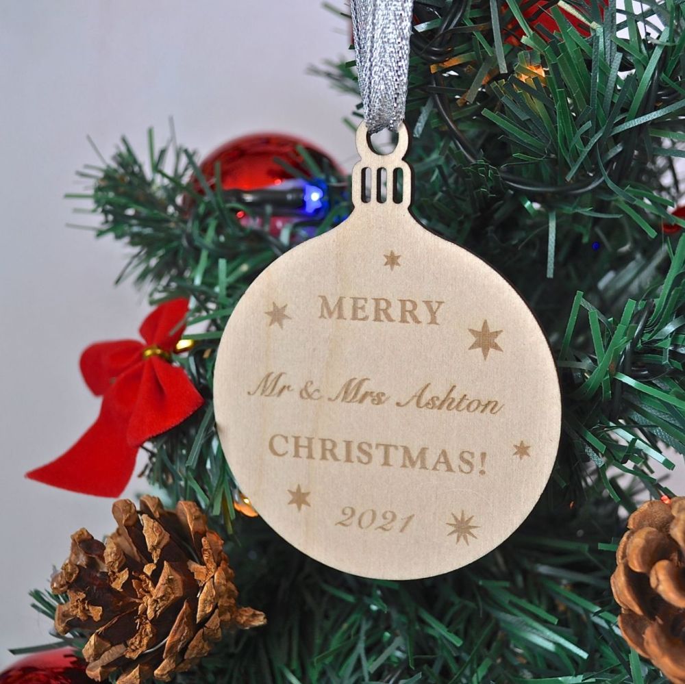 Personalised Wooden Mr And Mrs Bauble