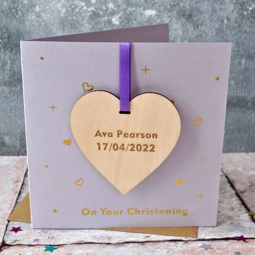 Personalised Christening Foiled Decoration Heart Card