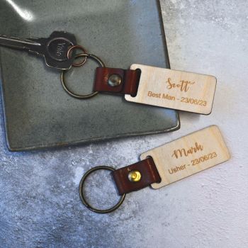 Personalised Best Man Leather and Wood Keyring
