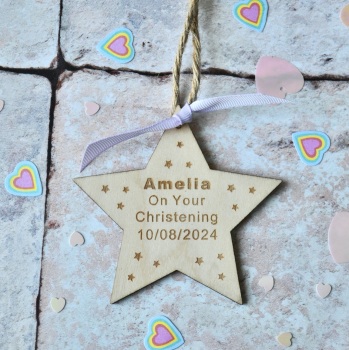 Personalised Christening Wooden  Star Decoration