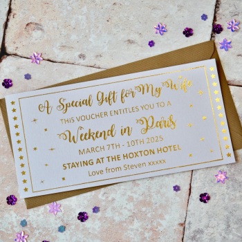 Personalised Gold Foil 'Weekend Away' Gift Voucher