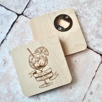Personalised Wooden Gin Bottle Opener and Coaster