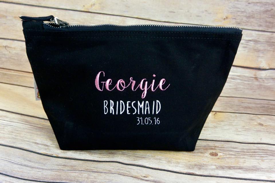 Personalised Bridesmaid make up bag embroidered with name and date