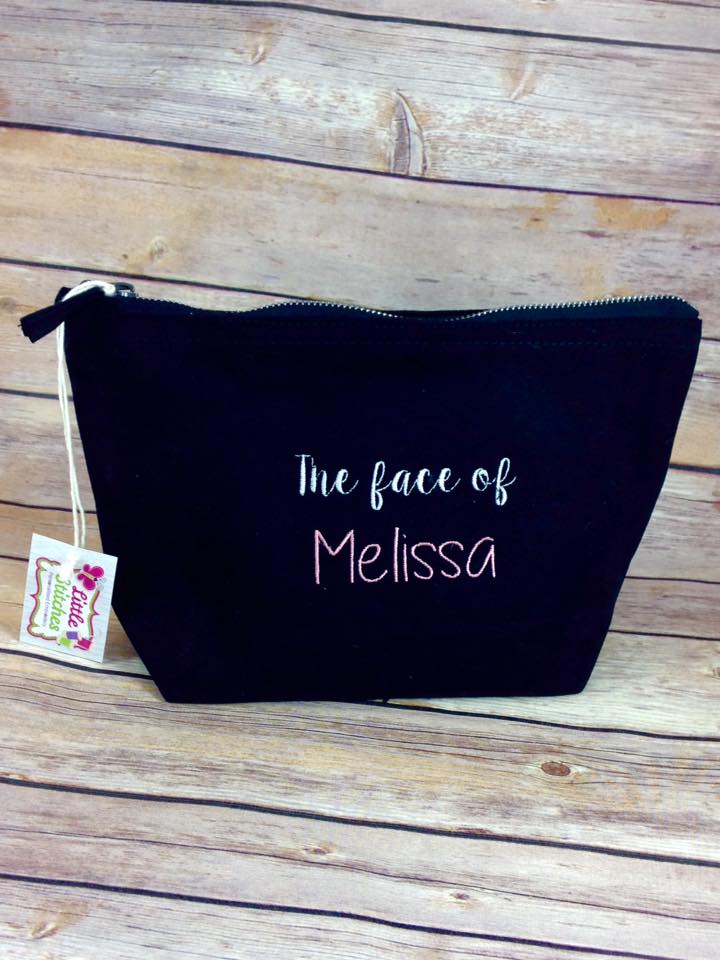 Personalised make up bag embroidered with 'the face of'