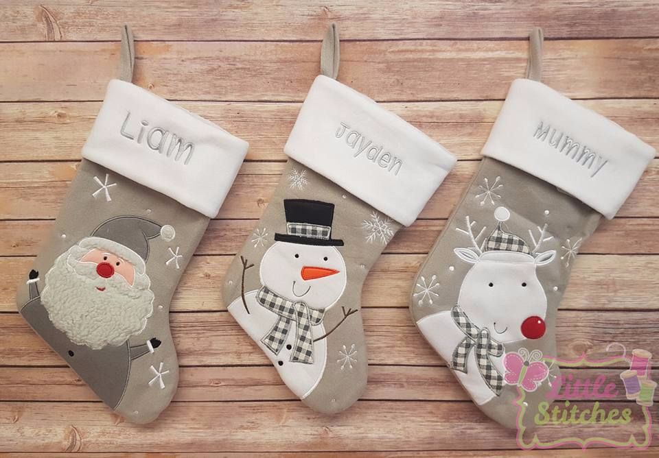 Personalised grey santa, snowman and reindeer design stocking