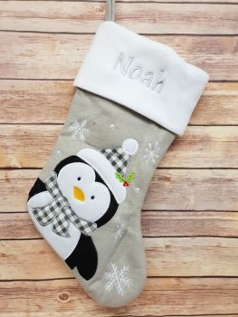Personalised penguin grey stocking