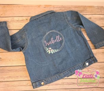 Personalised denim jacket with floral wreath design