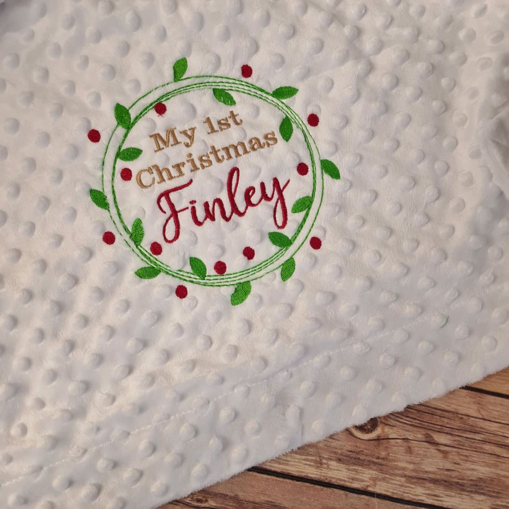 Personalised white wreath 1st christmas blanket