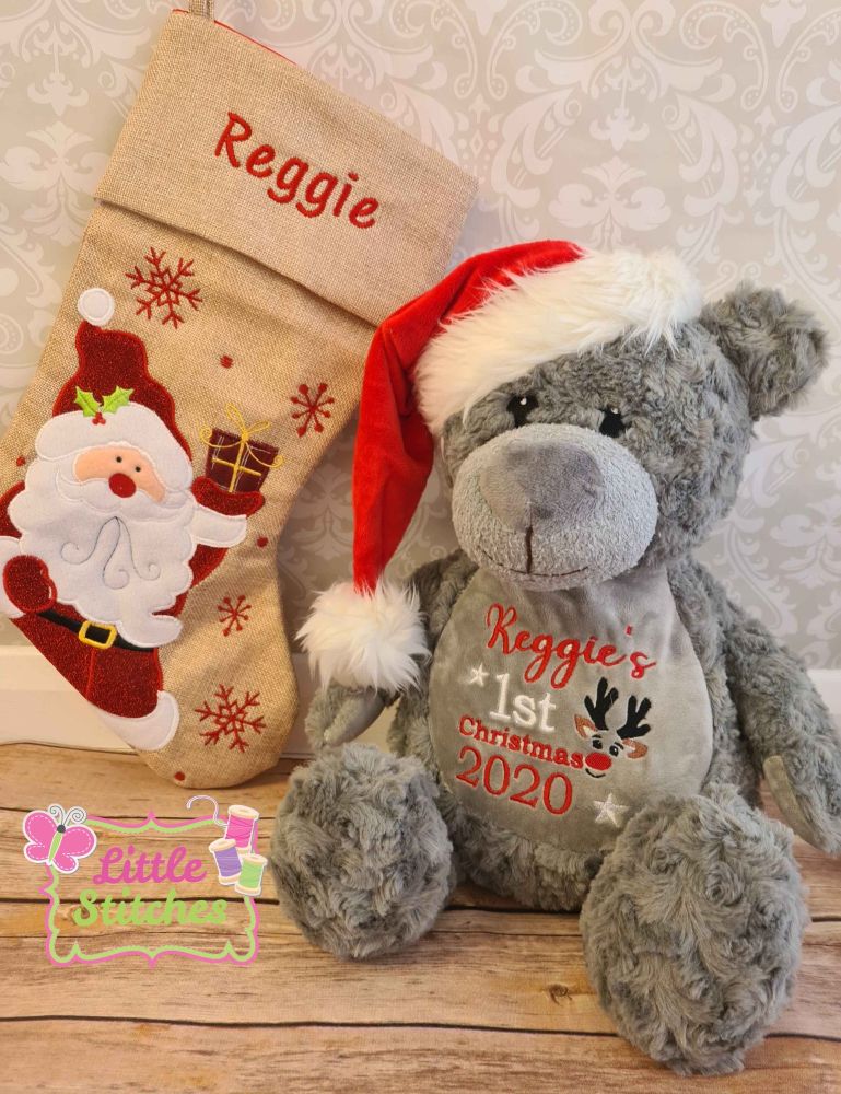 Personalised grey bear and stocking GIFT SET