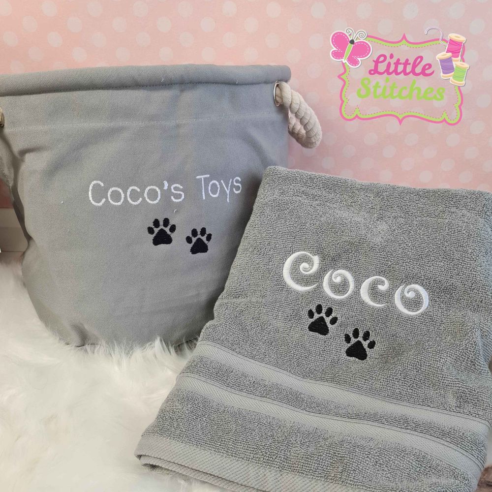 Personalised grey toy storage and towel set