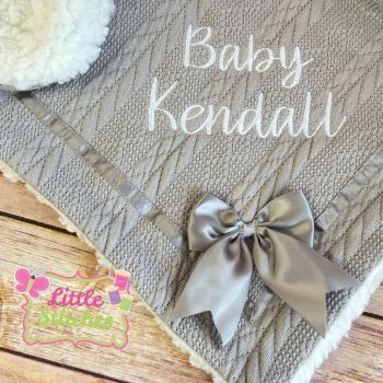 Personalised grey cable knit blanket with bow