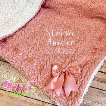 Personalised rose gold cable knit blanket with bow