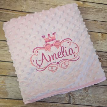 Personalised pink bow and crown design bobble style blanket