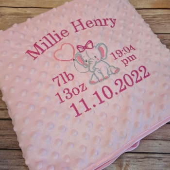 Personalised elephant blanket embroidered with full. Birth details