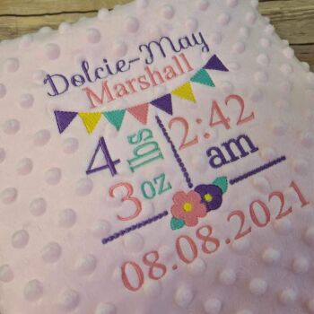Personalised baby blanket embroidered with full birth details