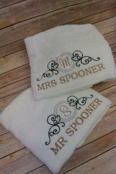 Personalised set of Mrs and Mrs bath towels