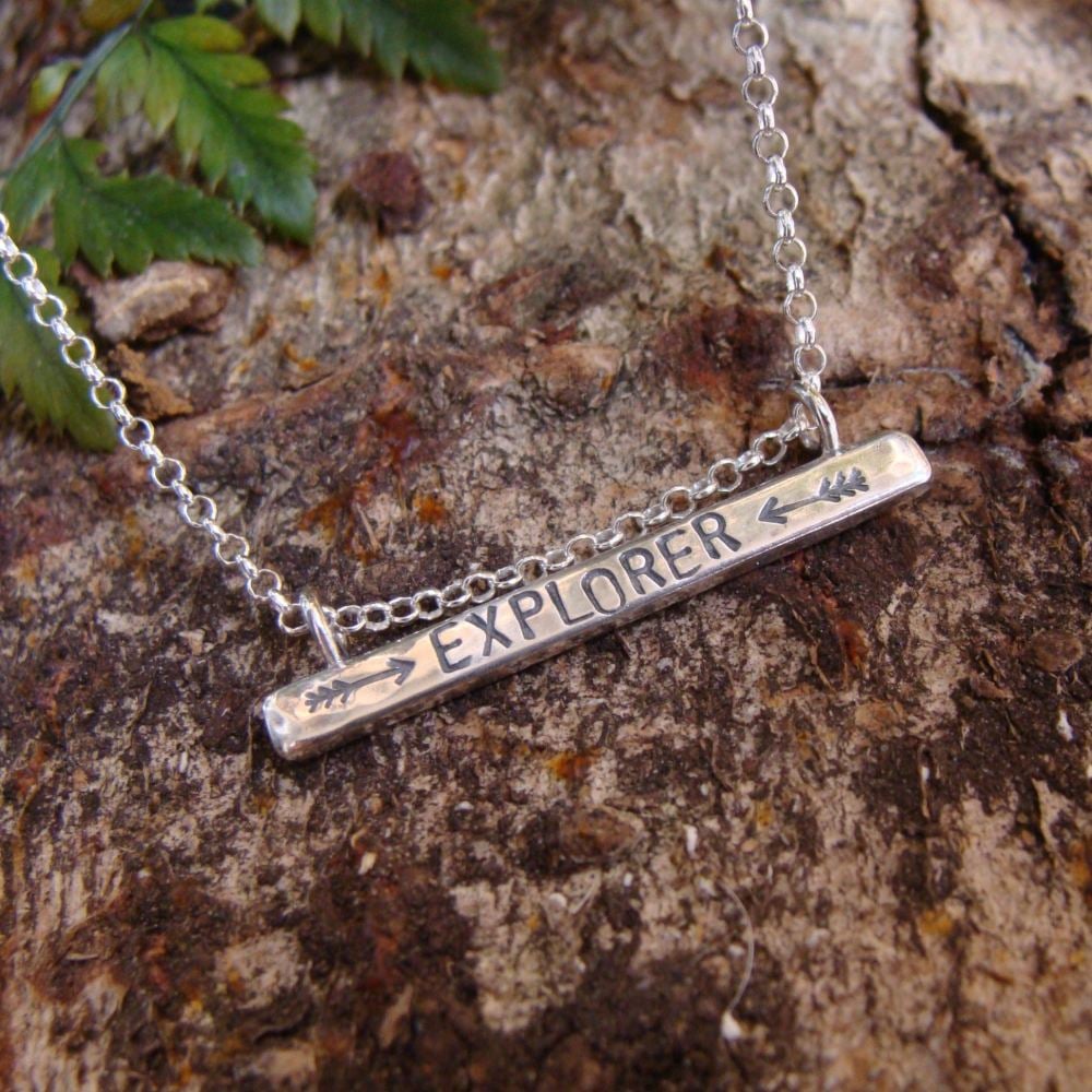 Sterling Silver EXPLORER Stamped Bar Necklace